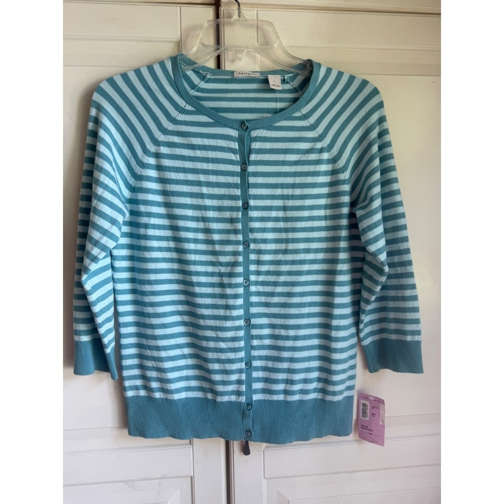 Halogen Womens Striped Cardigan Turquoise Magic Blue 3/4 Sleeve Sweater L NEW